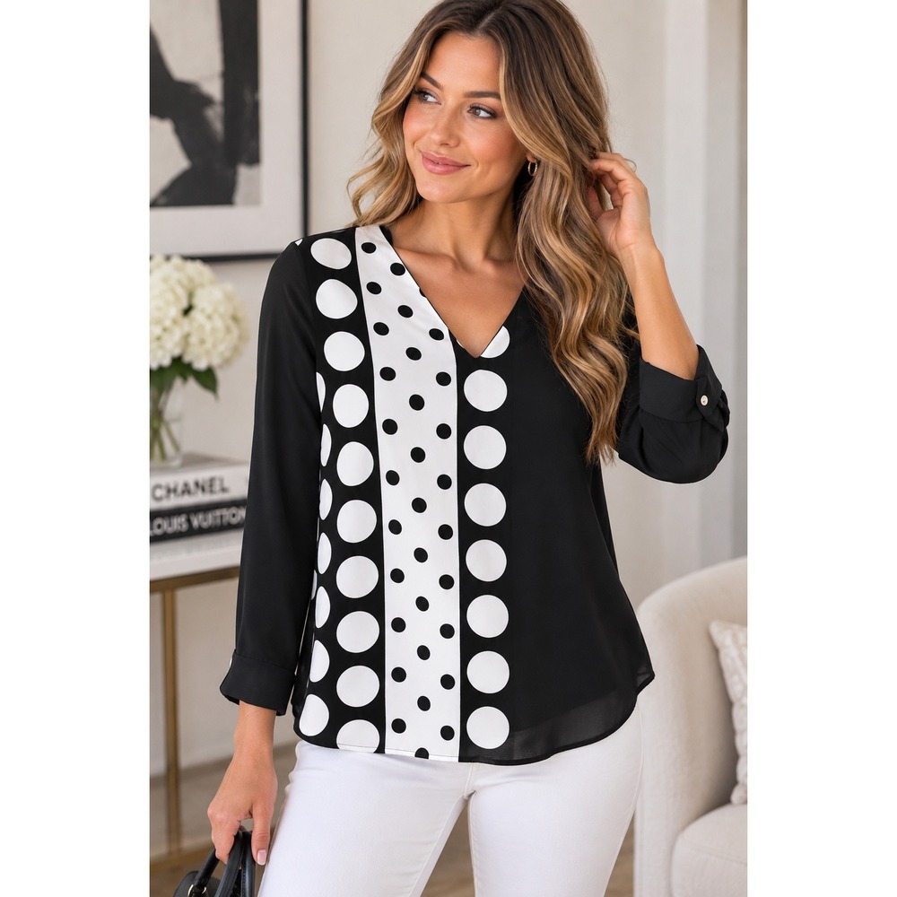 Calvin Klein M Black White Polka Dot Blouse Retro Mod 60s Graphic Tunic Top